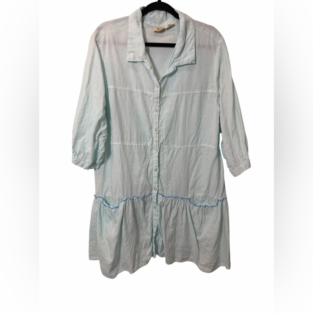 LA BLEND Bali Vintage 100% Linen Light Blue Ruffle Tunic Dress XL Coastal Boho - Picture 2 of 14